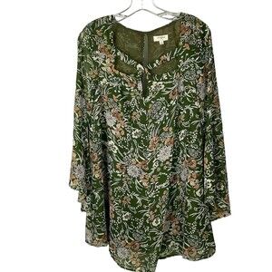 Umgee Dark Floral Bell Sleeve in Olive Green Dress Long Tunic Lined Size S
